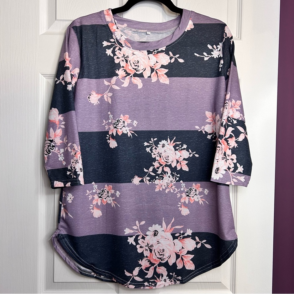 Floral Striped Women's Top - Purple and Pink